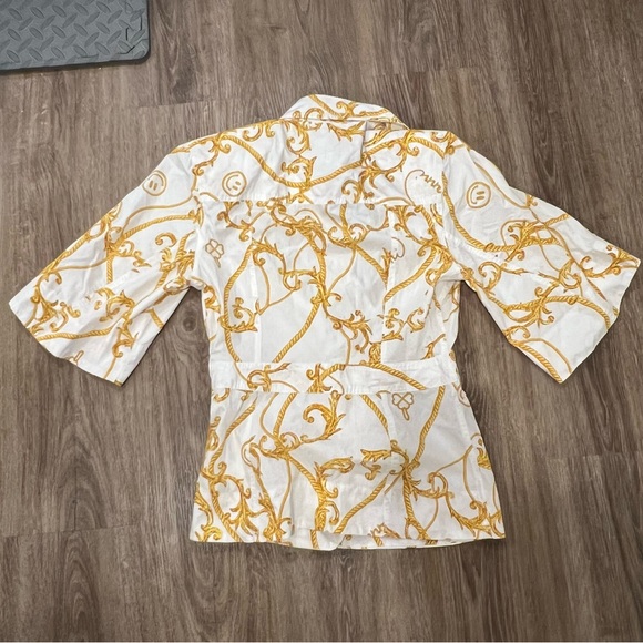 NWT GANNI 100% Cotton Gold And White Patterned Button Up Wrap Shirt - Picture 14 of 14